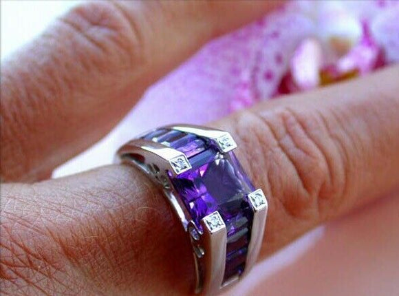 5Ct Princess Cut Purple Amethyst Cocktail Engagement Ring 14K White Gold Finish