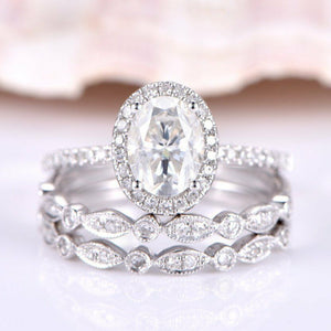 Halo Trio Set Engagement Ring 3ct Oval Cut VVS1D Diamond 14k White Gold Finish