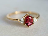 1ct Engagement Ring Hexagon Cut Pink Ruby Minimalist Trilogy 14k YellowGold Over