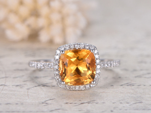 1.7ct Cushion Cut Yellow Citrine Engagement Ring Diamond Halo 14k WhiteGold Over