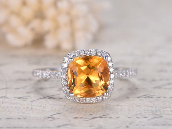 1.7ct Cushion Cut Yellow Citrine Engagement Ring Diamond Halo 14k WhiteGold Over