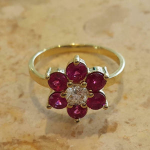 2ct Round Cut Pink Ruby Engagement Ring Flower Solitaire 14k Yellow Gold Finish