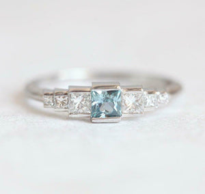 2ct Princess Blue Aquamarine Engagement Ring Diamond Accents 14k White Gold Over