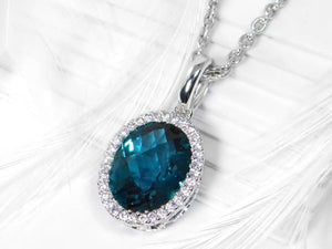 2ct London Blue Topaz Oval Cut Diamond Halo Pendant Chain 14k White Gold Finish