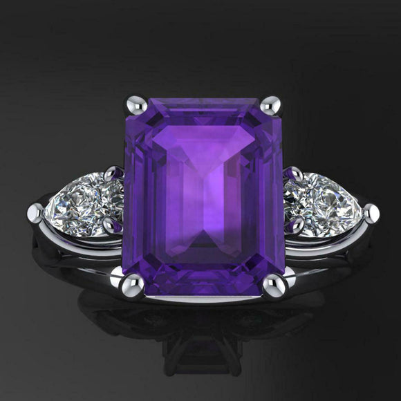 2.2ct Emerald Cut Purple Amethyst Trilogy Engagement Ring 14k White Gold Finish