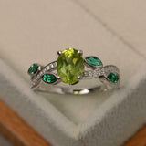 2ct Oval Green Peridot Diamond Leaf Accents Engagement Ring 14k WhiteGold Finish