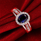 2Ct Oval Cut Blue Sapphire Halo Split Band Engagement Ring 14K White Gold Finish