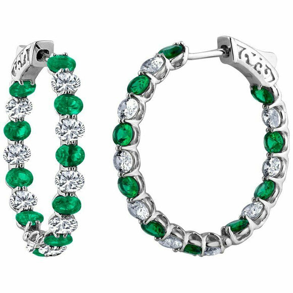 3ct Oval Cut Green Emerald Diamond Inside Out Hoop Earrings 14k WhiteGold Finish