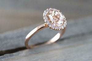 1.7ct Oval Cut Peach Morganite Engagement Ring 14k Rose Gold Over Halo Solitaire