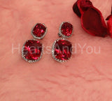 2ct Cushion Simulated Ruby Party Wear Halo Drop Earrings 14k White Gold Plated