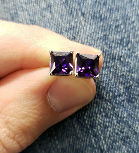 1.43ct Stud Earrings Princess Cut Purple Amethyst Solitaire 14k WhiteGold Finish