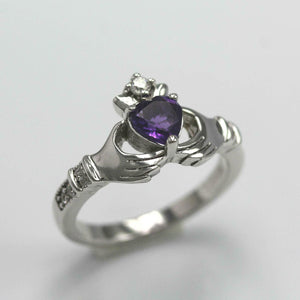 1ct Heart Purple Amethyst Engagement Ring Diamond Claddagh 14k White Gold Finish