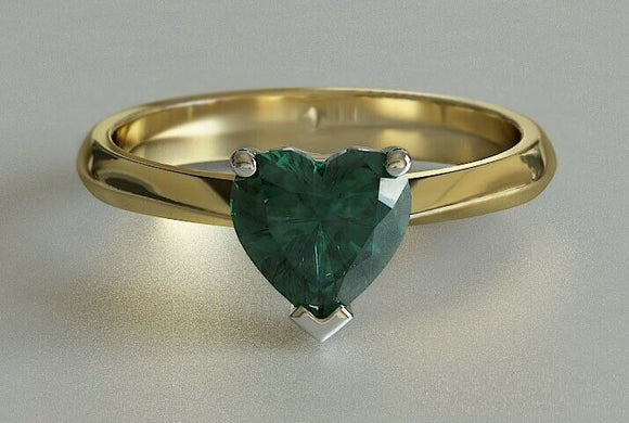 1ct Heart Cut Green Emerald Engagement Ring Solitaire 14k Yellow Gold Finish