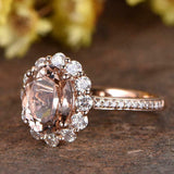 2ct Oval Cut Morganite Engagement Ring Halo Diamond Floral 14k Rose Gold Finish