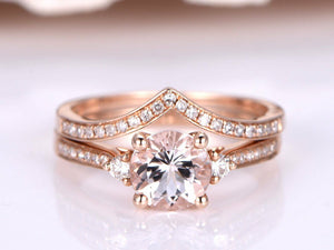 2ct Round Cut Peach Morganite Bridal Set Engagement Ring 14k Rose Gold Finish