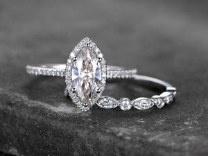 2ct Pear Cut Diamond Vintage Bridal Wedding Set Band Ring 14k White Gold Finish