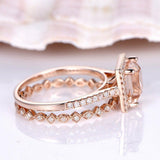 2ct Princess Peach Morganite Halo Bridal Set Engagement Ring 18k RoseGold Finish