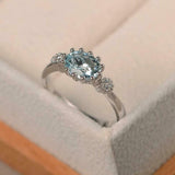 2ct Oval Cut Blue Aquamarine Engagement Ring Milgrain Trilogy 14k WhiteGold Over