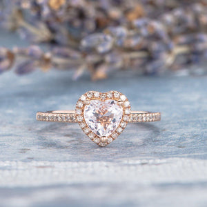 1.3ct Heart Cut Peach Morganite Halo Solitaire Engagement Ring 14k RoseGold Over