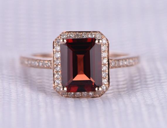 2.3ct Emerald Cut Red Garnet Engagement Ring Diamond Halo 14k Rose Gold Finish