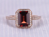 2.3ct Emerald Cut Red Garnet Engagement Ring Diamond Halo 14k Rose Gold Finish