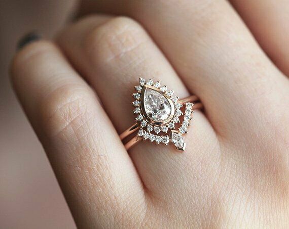 2ct Pear Cut Diamond Engagement Ring 14k Rose Gold Finish Halo Curved Bridal Set