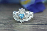 2ct Heart Cut Blue Topaz Engagement Ring Claddagh Bridal Set 14k White Gold Over