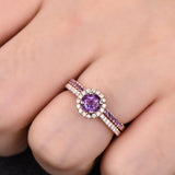 1.6ct Round Purple Amethyst Halo Bridal Set Engagement Ring 14k Rose Gold Finish