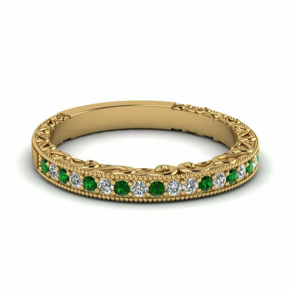 1ct Round Green Emerald Vintage Half Eternity Wedding Band 14k Yellow Gold Over