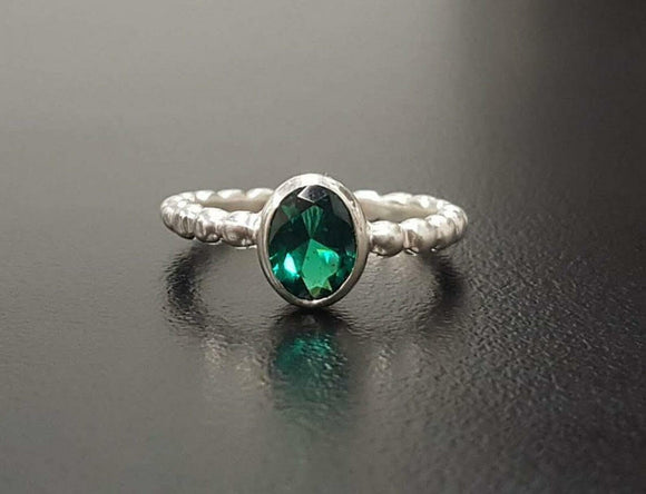 1ct Oval Cut Green Emerald Beaded Ball Shank Solitaire Ring 14k White Gold Over