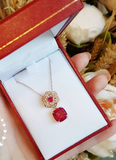 3ct Cushion Cut Pink Ruby Pendant with Chain Flower Design 14k Rose Gold Finish