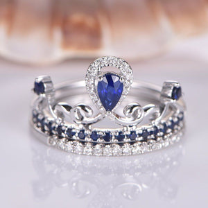 1ct Pear Cut Blue Sapphire Crown Bridal Set Engagement Ring 14k WhiteGold Finish