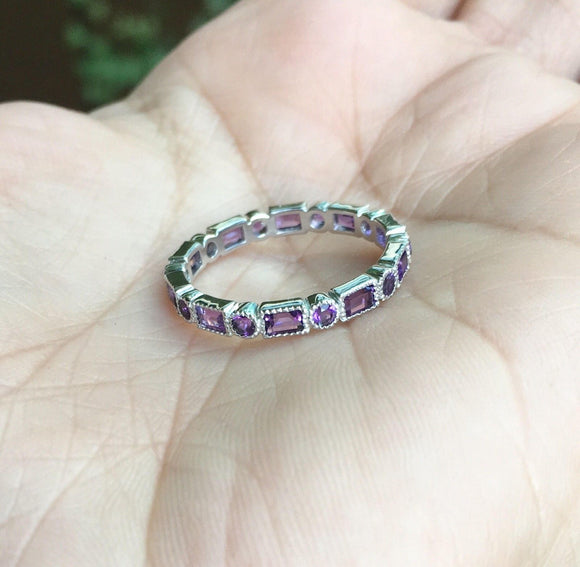 2ct Baguette Round Purple Amethyst Half Eternity Wedding Band 14k WhiteGold Over