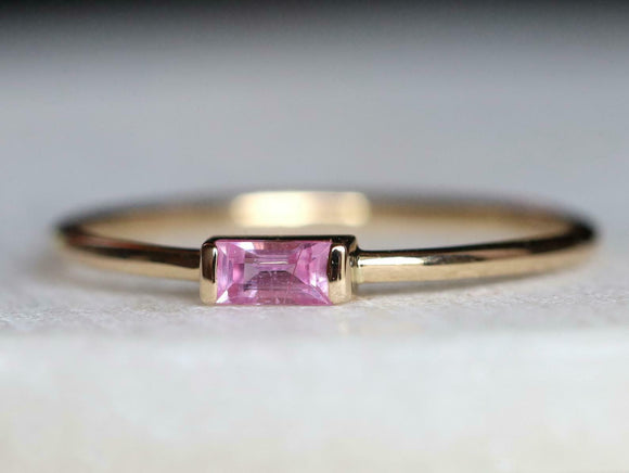 0.4ct Baguette Cut Pink Sapphire Minimalist Engagement Ring 14k Yellow Gold Over