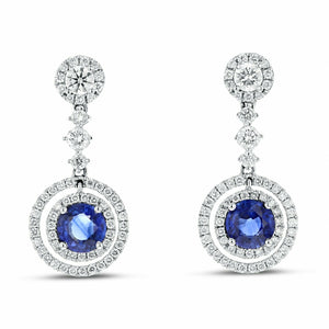 2.6ct Drop Earrings Round Cut Blue Sapphire Halo Dangling 14k White Gold Finish