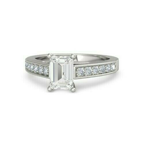 4Ct Emerald Cut Diamond Milgrain Round Accent Solitaire Ring 14K White Gold Over