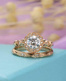 2ct Round Cut Diamond Art Deco Milgrain Floral Bridal Set Ring 14k RoseGold Over