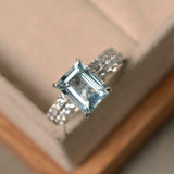 2ct Emerald Cut Blue Aquamarine Engagement Ring Bridal Set 14k White Gold Finish