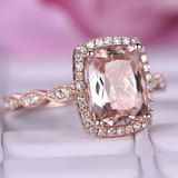 4ct Cushion Cut Peach Morganite Diamond Halo Round Accent Ring 14k RoseGold Over