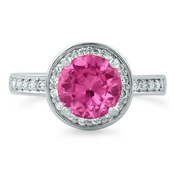 1.25ct Round Cut Pink Sapphire Engagement Ring Diamond Halo 14k WhiteGold Finish