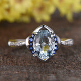 1ct Oval Cut Aquamarine Solitaire Stylish Round Accent Ring 14k WhiteGold Finish