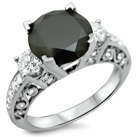 3Ct Round Cut Black Diamond Filigree Vintage Solitaire Ring 14K White Gold Over