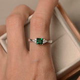 1ct Princess Green Emerald Diamond Petite Round Accent Ring 14k White Gold Over