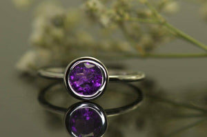 1Ct Round Cut Purple Amethyst Bezel Set Solitaire Ring 14K White Gold Finish