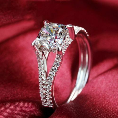 3Ct Cushion Cut Diamond Split Band Solitaire Engagement Ring 18K White Gold Over