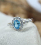 2ct Engagement Ring Oval Cut Blue Topaz Diamond Halo 14k White Gold Finish