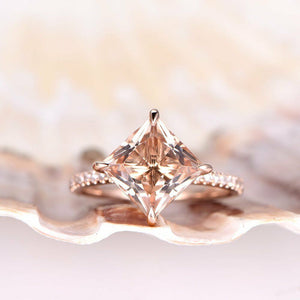 1ct Princess Cut Peach Morganite Solitaire Engagement Ring 14k Rose Gold Finish