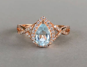 2ct Pear Cut Blue Aquamarine Halo Infinity Engagement Ring 14k Rose Gold Finish