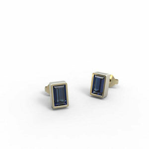 1ct Stud Earrings Baguette Cut Blue Sapphire Bezel Solitaire 14k YellowGold Over