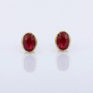 1ct Stud Earrings Oval Cut Pink Ruby Bezel Set Solitaire 14k Yellow Gold Finish